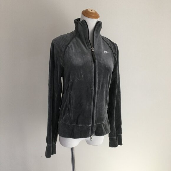 NIKE Long Sleeve Gray Velvet/Velour Perforation Detail Collared Track Jacket - Picture 1 of 13